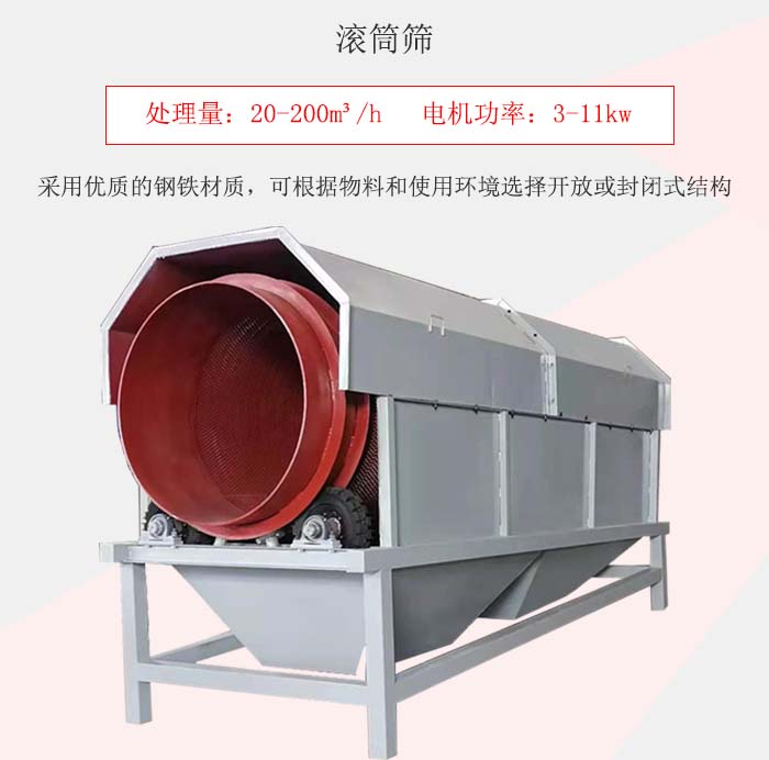 滾筒篩采用優(yōu)質(zhì)的鋼鐵材質(zhì)，可根據(jù)物料和使用環(huán)境選擇開放或封閉式結(jié)構(gòu)