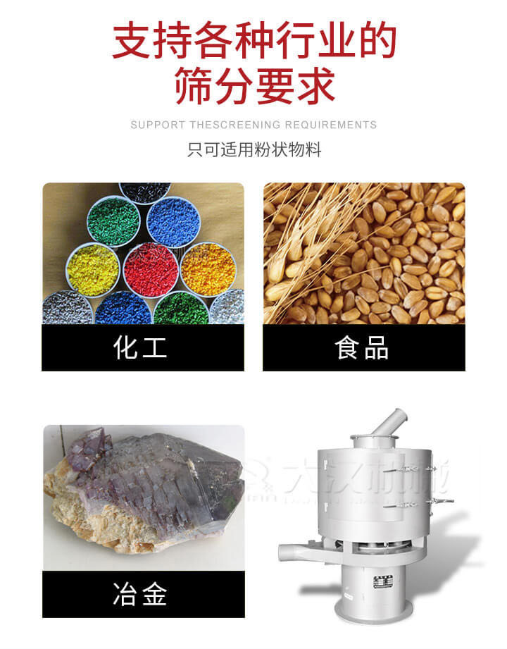 氣流篩用于礦粉，石墨粉，活性納米碳酸鈣，鋁灰，大豆粉，碳酸重鈣，石墨粉，木粉，干草，重金石粉，藥粉末，橡膠顆粒，草酸鹽，干料粉，木粉，聚酯粉，干粉，塑料，金屬粉末，橡膠粉，粉煤灰，石墨粉，陶瓷粉，鋅粉，石英粉，石灰粉，鐵粉，金屬硅粉等。