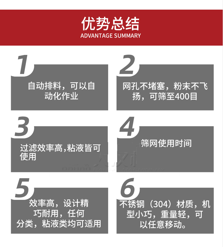 過濾篩優(yōu)勢(shì)總結(jié)：1，自動(dòng)排料，可以自動(dòng)化作用。2，網(wǎng)孔不堵塞，粉塵不飛揚(yáng)，可篩至400目。3，過濾效率高，任何粒，粉，粘液也可使用。4，篩網(wǎng)設(shè)計(jì)大大提高了篩網(wǎng)使用時(shí)間，也魏換網(wǎng)提高了方便。5，效率高，設(shè)計(jì)精巧耐用，任何分類設(shè)計(jì)精巧耐用，任何分類，粘液類均可適用。6，不銹鋼材質(zhì)機(jī)型小巧，重量輕，可以任意移動(dòng)。