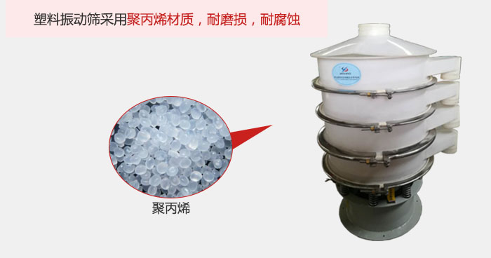 塑料振動篩主要采用塑料材質(zhì)，多用與有一定腐蝕性和與金屬有一定反應(yīng)的物料使用。