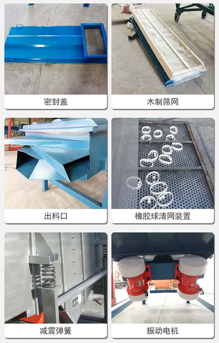 直線篩結(jié)構(gòu)展示：篩網(wǎng)，篩箱，振動電機，振動電機座，減震彈簧，支架等部件展示圖