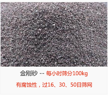 篩分金剛砂每小時100kg，有腐蝕性，過16、30、50目篩網(wǎng)