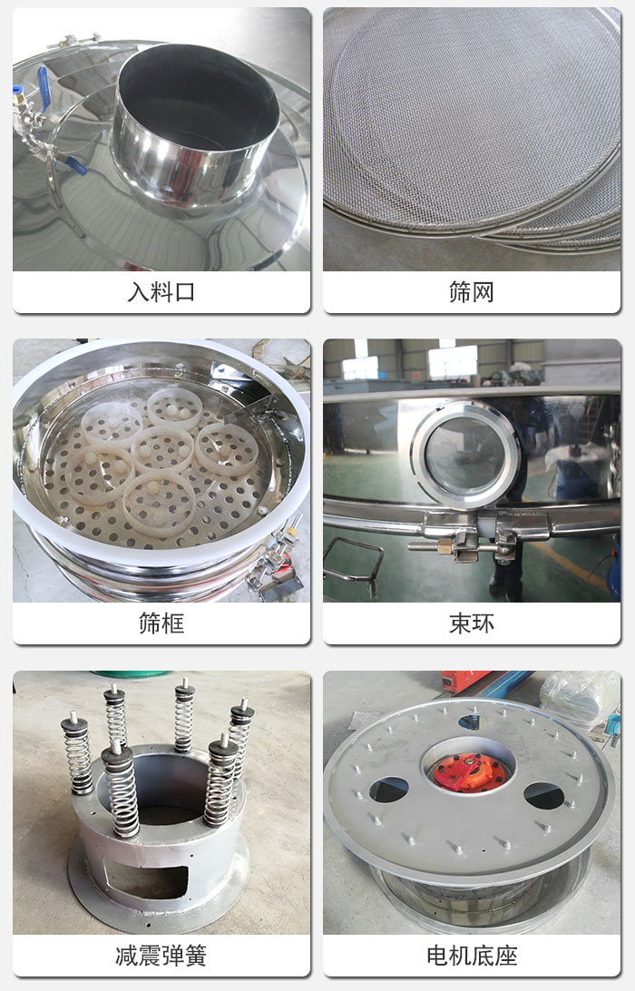 醫(yī)藥振動(dòng)篩有電機(jī)底座，減震彈簧，束環(huán)，篩框，入料口，篩網(wǎng)等部件展示。