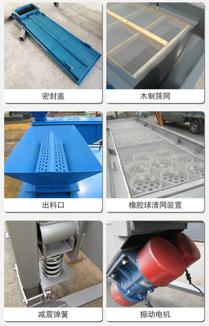 直線篩分機(jī)的結(jié)構(gòu)展示圖：篩箱是物料主要篩分設(shè)備之一，篩網(wǎng)用于篩分物料，振動(dòng)電機(jī)幫助篩網(wǎng)篩分。