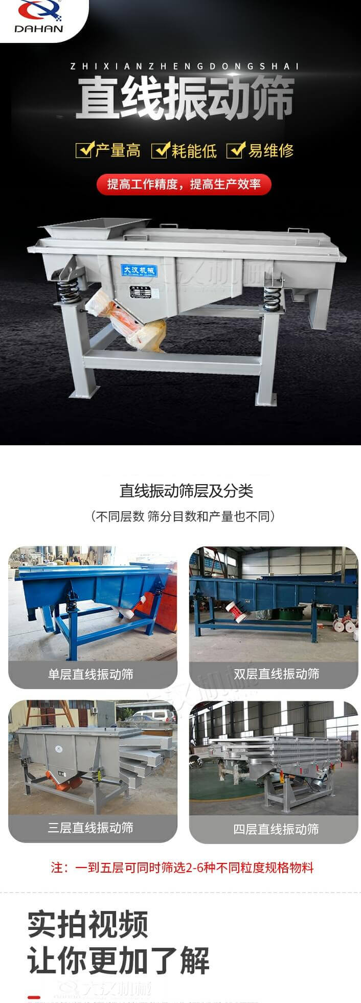 直線振動篩概述，產(chǎn)量高，耗能低，易維修，提高工作精度，提高生產(chǎn)效率，直線振動篩層級分類：不同層數(shù)，篩分目數(shù)和產(chǎn)量也不同：單層，雙層，三層，四層等。