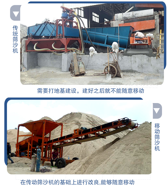 移動的篩沙機(jī)在安裝前需要打地基，而固定完畢后就不能隨意的移動，而移動篩沙機(jī)不需要打地并且隨時能夠進(jìn)行移動。