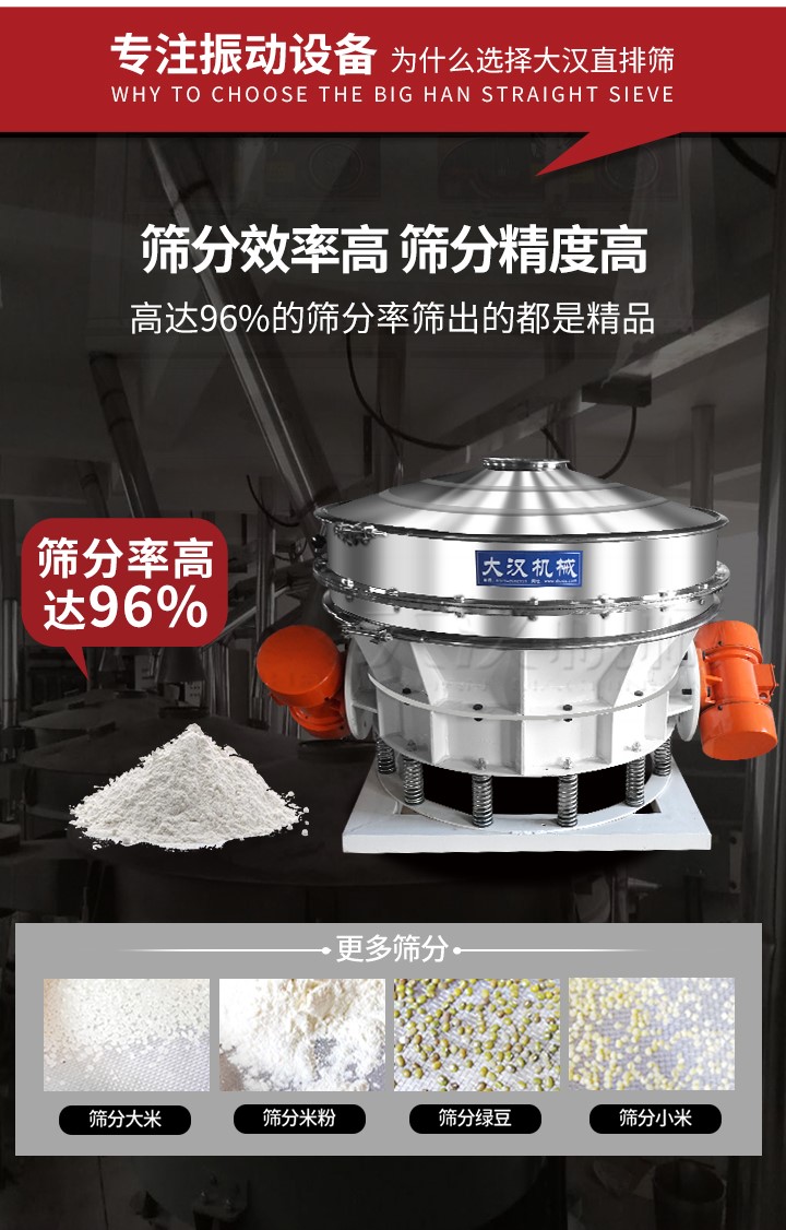 直排篩適用物料有面粉，淀粉，洗衣粉，金屬粉，添加劑，化工，非礦等行業(yè)。