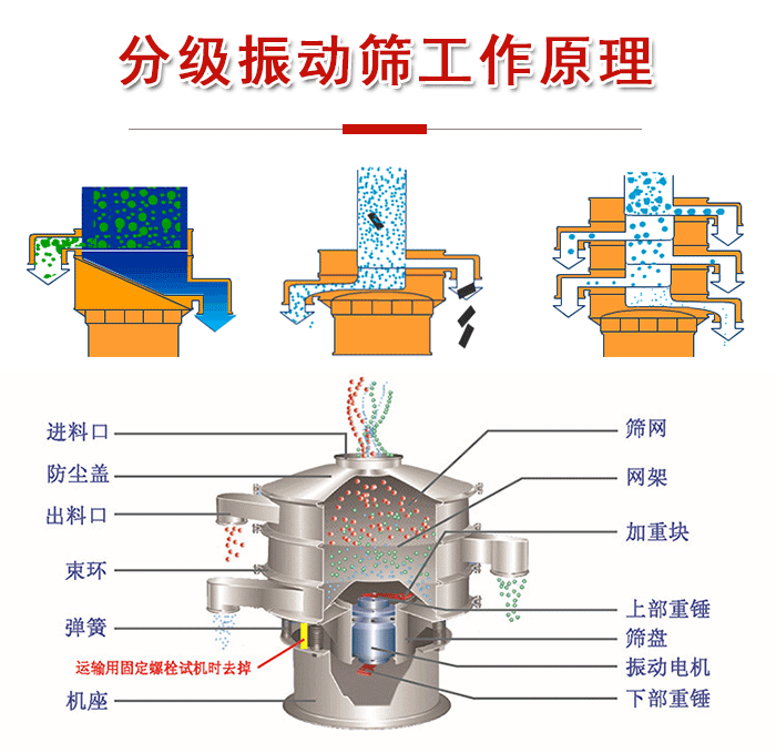分級(jí)振動(dòng)篩內(nèi)部結(jié)構(gòu)：進(jìn)料口，防塵蓋，出料口，束環(huán)，彈簧，機(jī)座，篩網(wǎng)，網(wǎng)架，上部重錘，振動(dòng)電機(jī)，下部重錘。