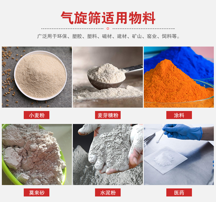 氣旋篩適用物料：小麥粉，麥芽糖粉，涂料，等粉狀物料。