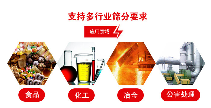 旋振篩適用的行業(yè)：食品行業(yè)，化工行業(yè)，冶金行業(yè)，公害處理等。