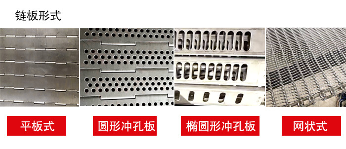 鏈板輸送機鏈板的不同形式：平板式，圓形沖孔板，網狀式等