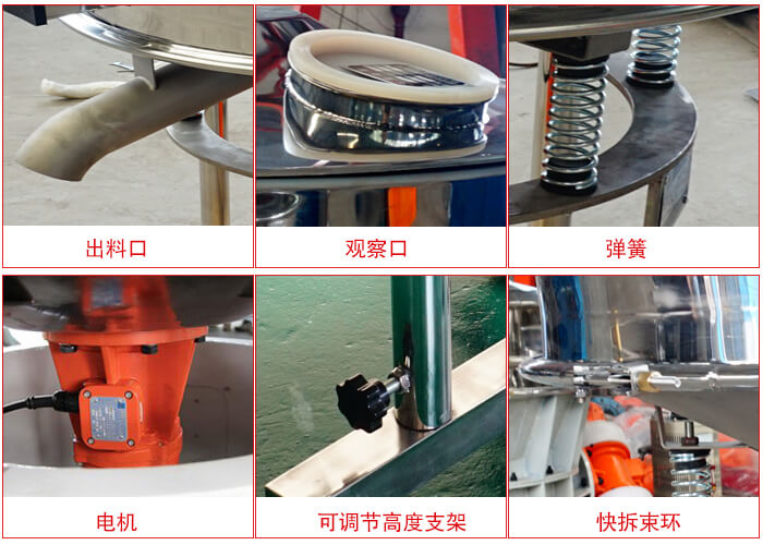 高頻篩細(xì)節(jié)展示：出料口，觀察口，彈簧，電機(jī)，可調(diào)節(jié)高度支架，快拆束環(huán)。